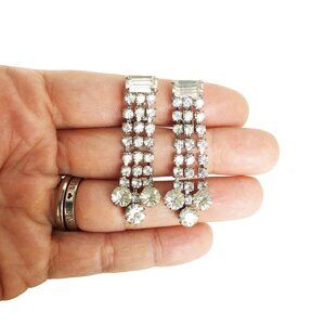 Long Clear Rhinestones Dangles Clip On Earrings Silver Tone Prom Fancy Jewelry